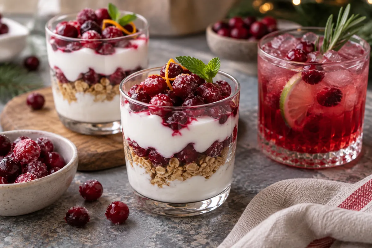Rustic sugared thawed cranberries in drinks and parfaits