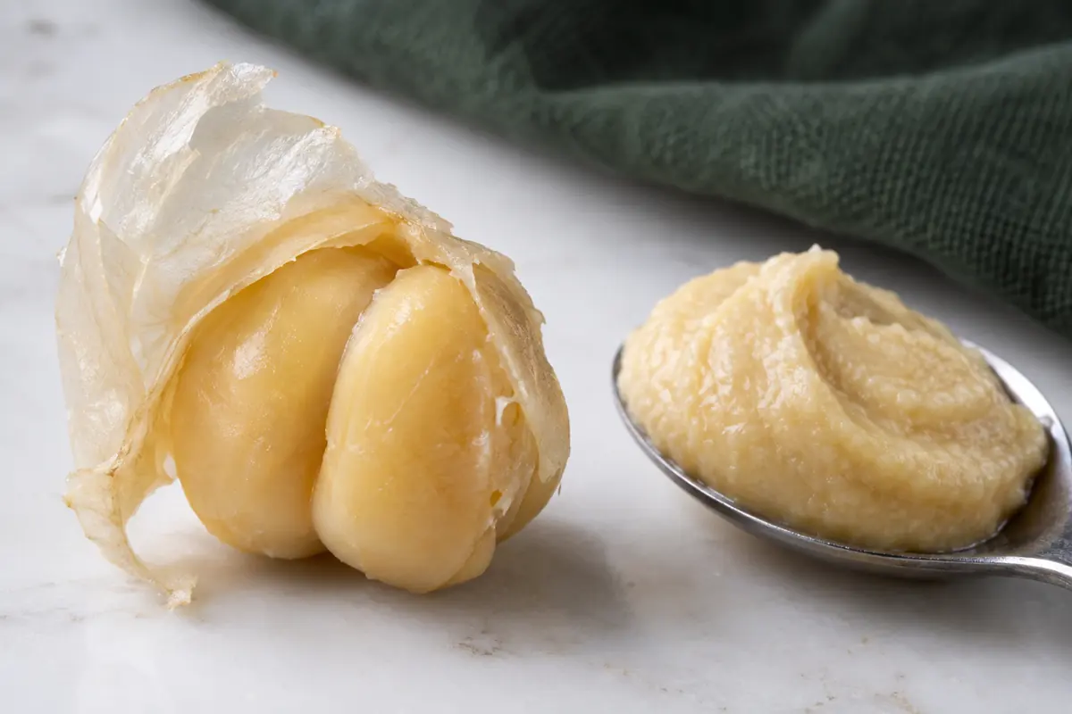 Cooked chickpea seed coat beside smooth puree