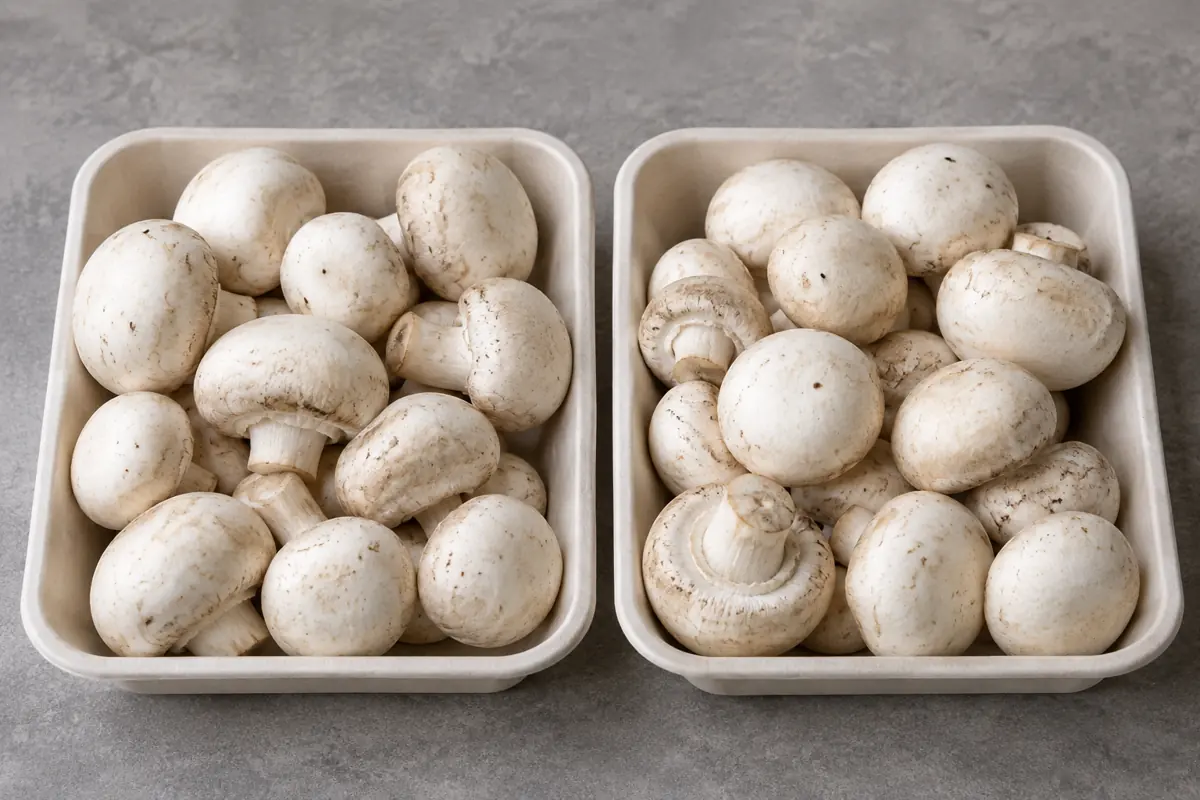 Two equivalent trays of cultivated mushrooms