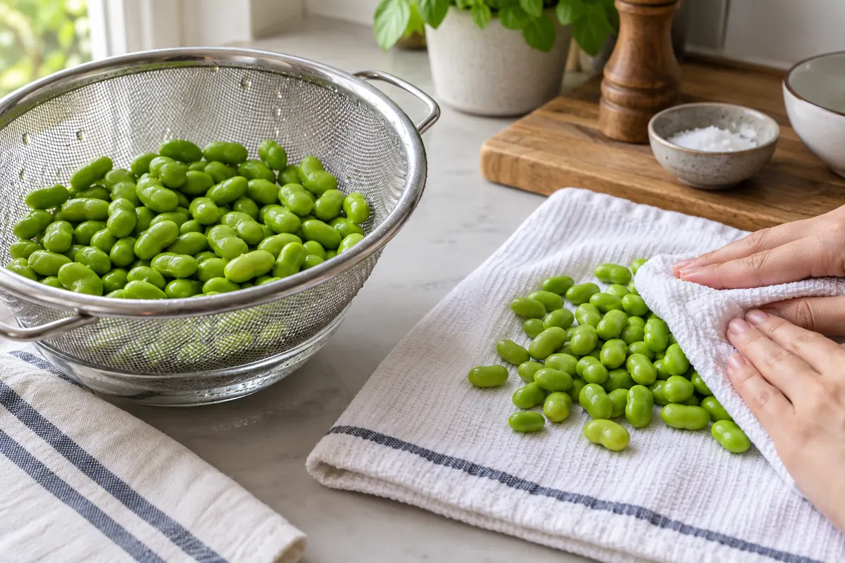 Shelled edamame drained and patted dry before roasting