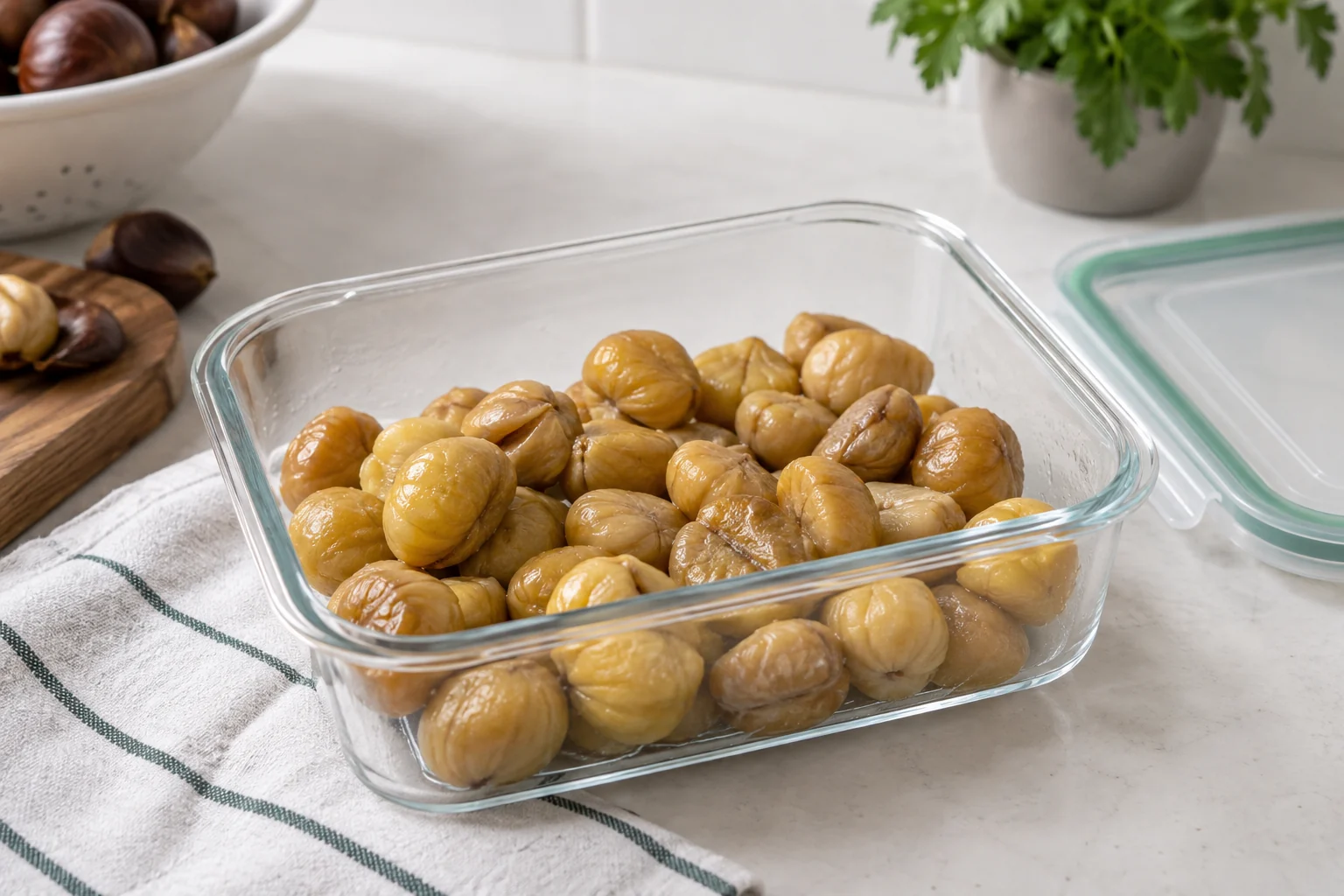 Cooked peeled chestnuts cooling in a shallow covered container