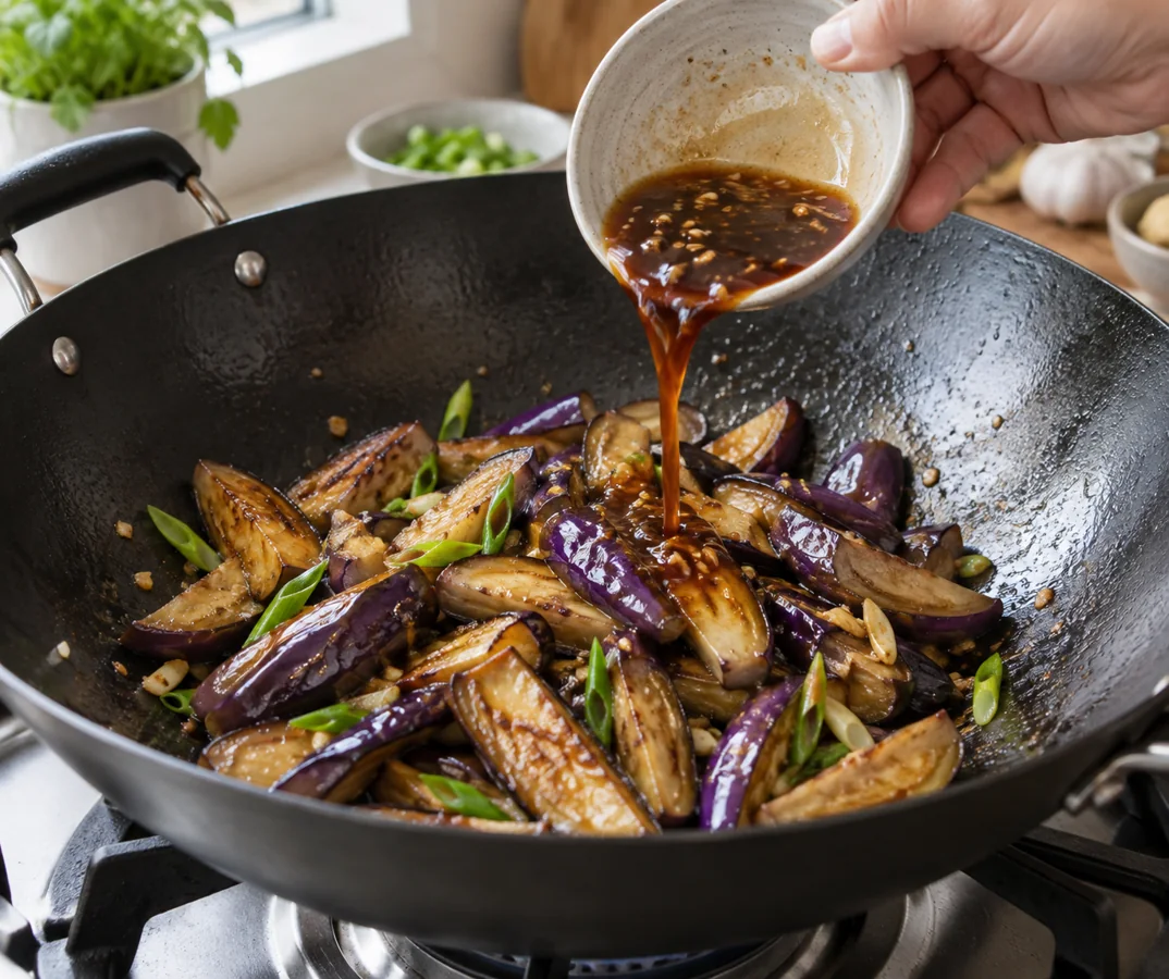 Sauce poured over nearly tender browned eggplant wedges