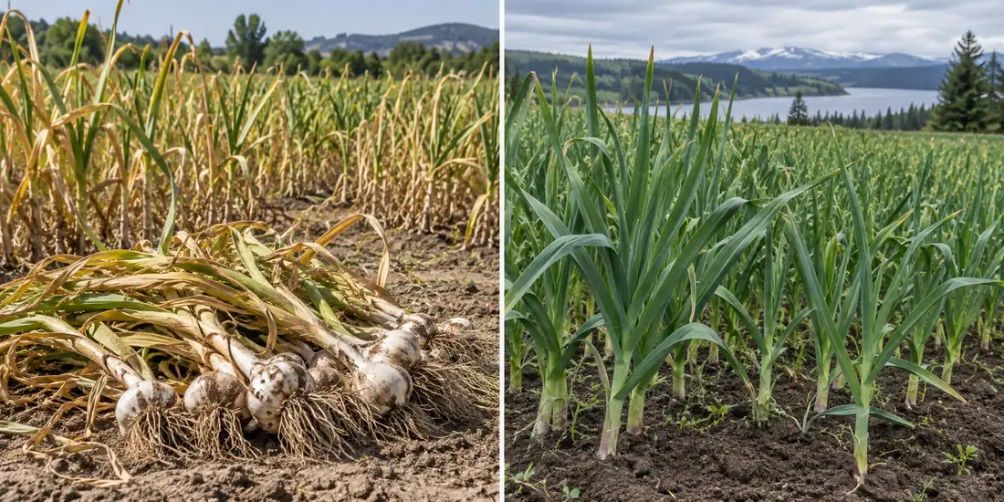 Two garlic fields at different maturity stages