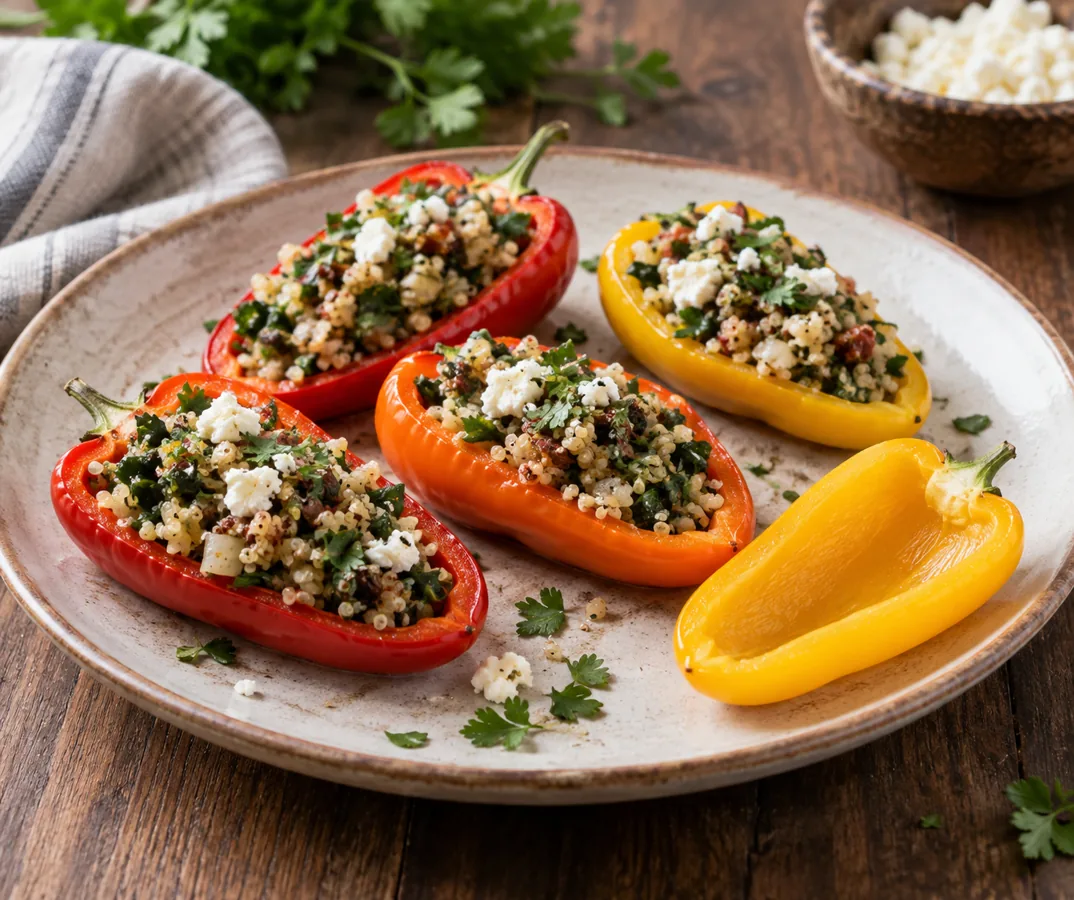 Mini sweet pepper halves filled with grains and herbs