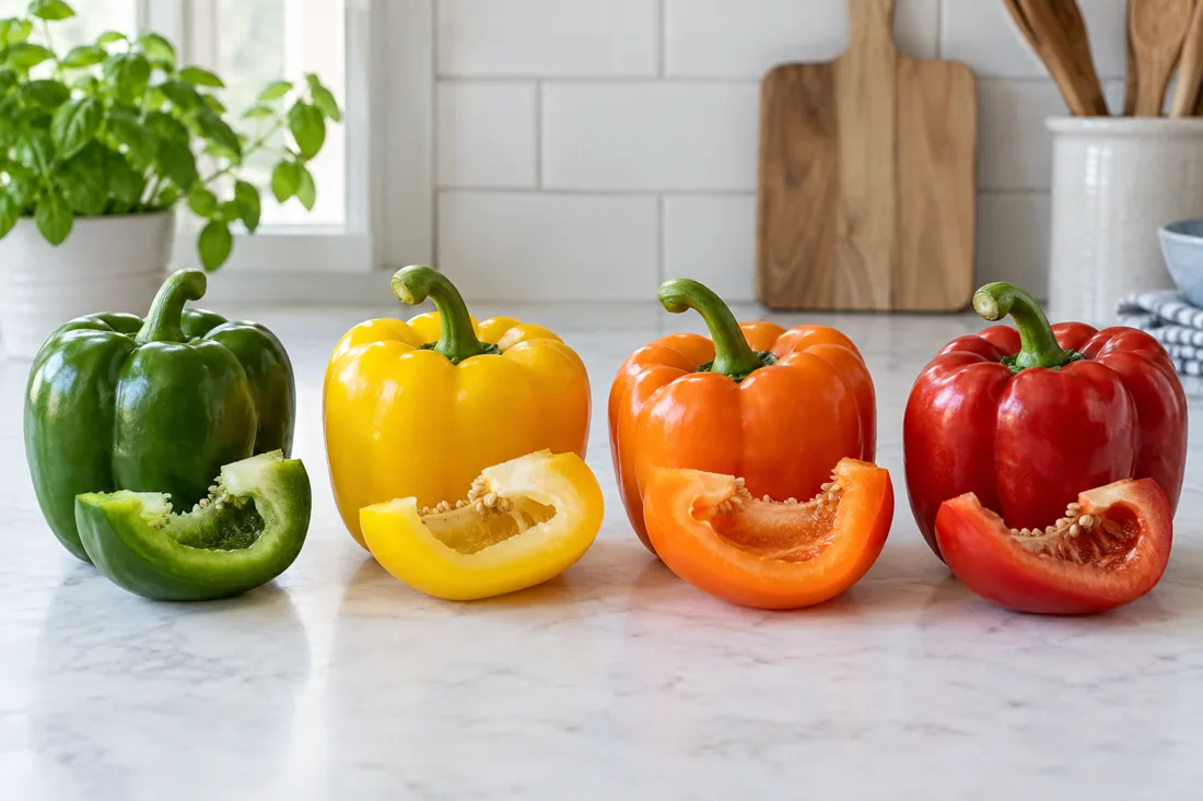 Four bell pepper colors shown at a consistent scale Green yellow orange and red bell peppers with matching cut sections