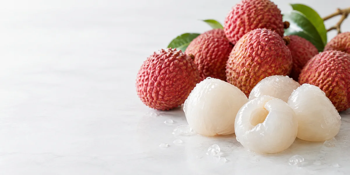 Fresh red lychees and peeled pitted frozen lychee arils Fresh red lychees and peeled pitted frozen lychee arils