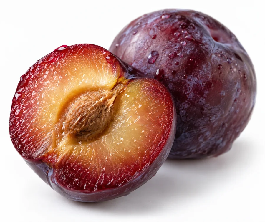 Close view of plum skin edge and juicy flesh